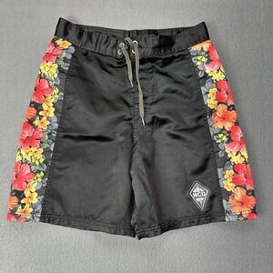 MCD Board Shorts Men 32 Black Floral Strip Swim Trunks Y2K More Core Division